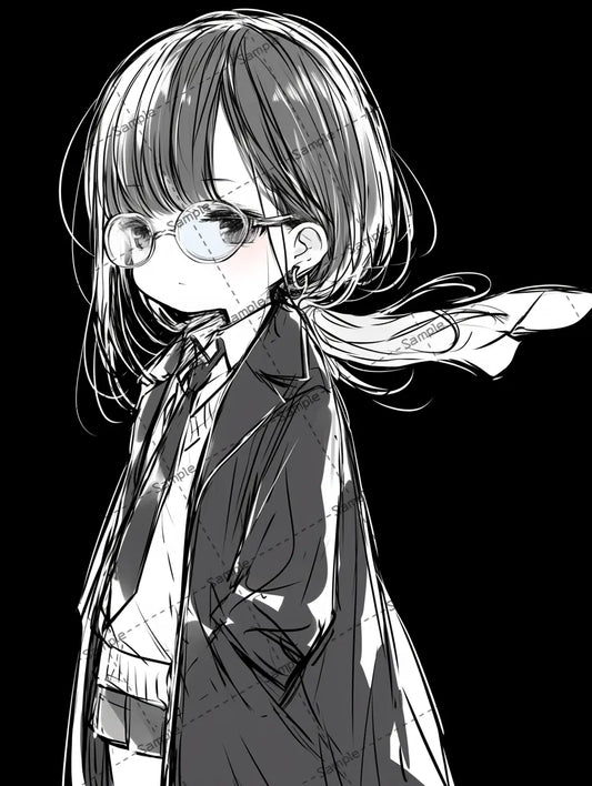 オーバーサイズのコートを着た眼鏡女子のイラスト-アイコン AI イラスト