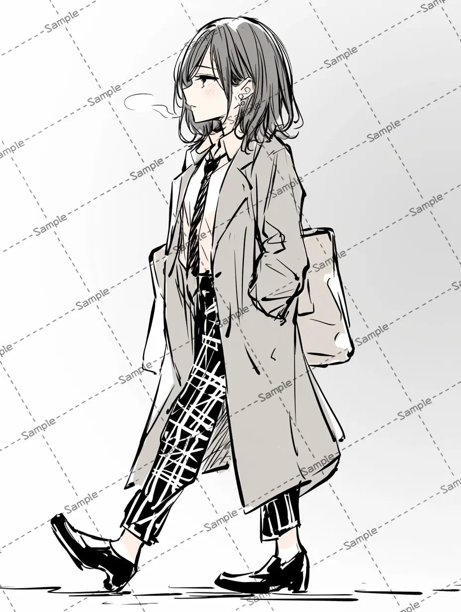 オーバーサイズのコートを着た女の子のイラスト-アイコン AI イラスト