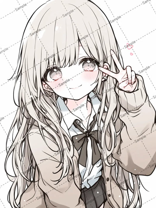 ピースサインする茶髪の女子高校生のイラスト-アイコン AI イラスト