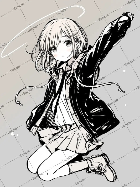 ジャンプしている女子高校生のイラスト-アイコン AI イラスト