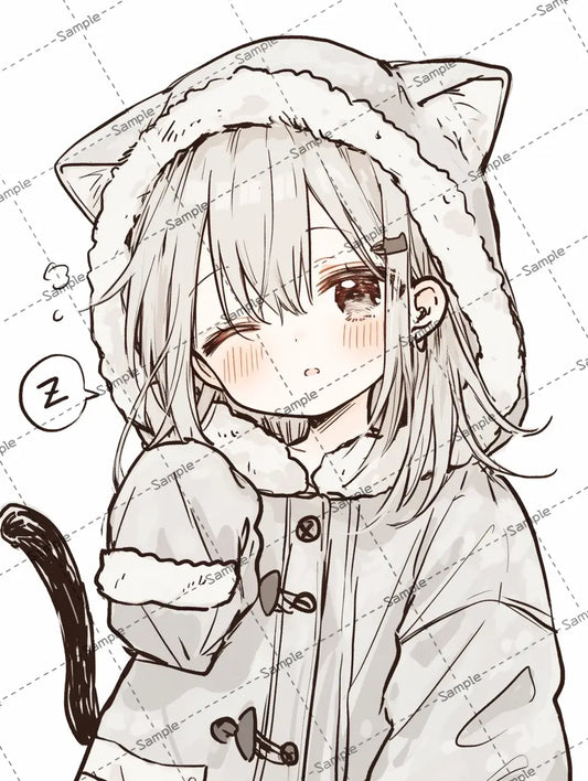 猫耳コートを着た小さな可愛い女の子のイラスト-アイコン AI イラスト
