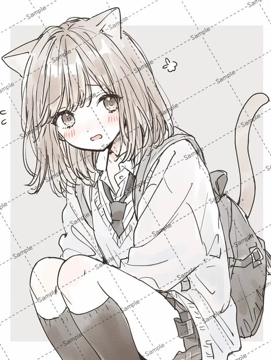 恥ずかしそうな猫耳女子高校生のイラスト-アイコン AI イラスト