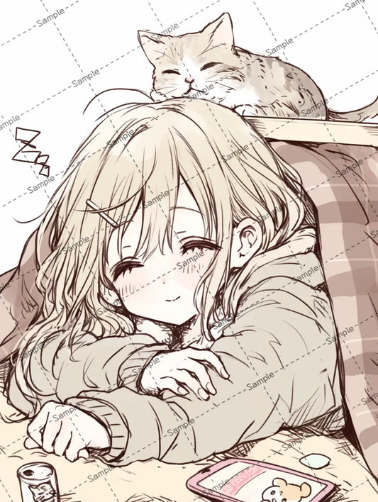 コタツでゴロゴロしている女の子と猫のイラスト-アイコン AI イラスト