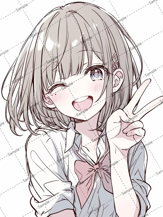 ピースサインするミディアムヘアの女子高校生のイラスト-アイコン AI イラスト