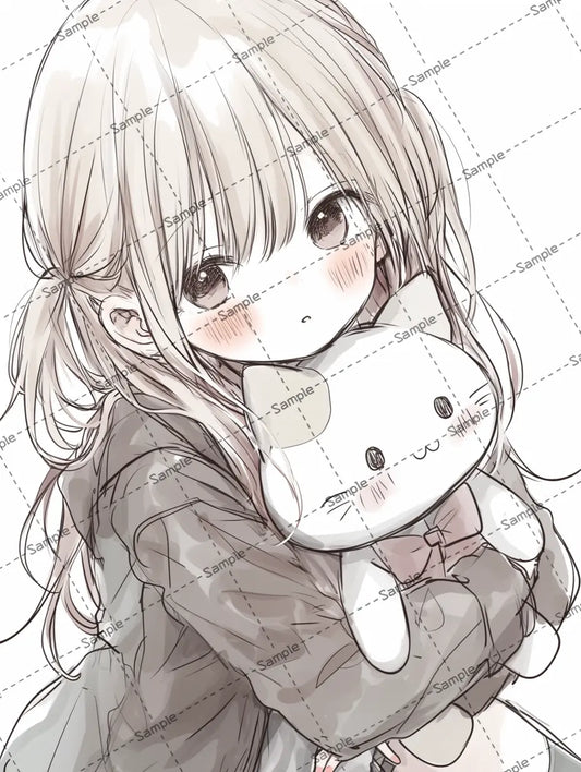 ぬいぐるみを抱いている可愛い女の子のイラスト-アイコン AI イラスト