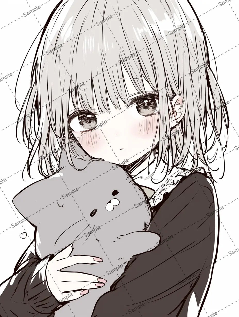 ぬいぐるみを抱いている可愛い女の子のイラスト-アイコン AI イラスト