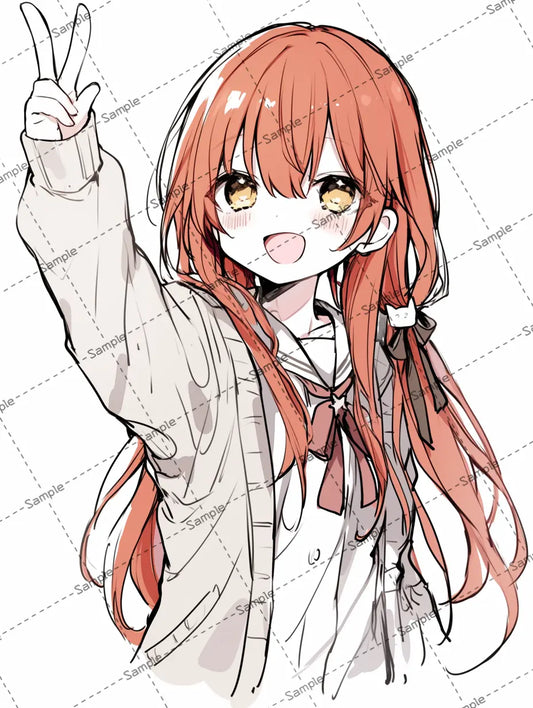 ピースサインするロングヘアの女子高校生のイラスト-アイコン AI イラスト