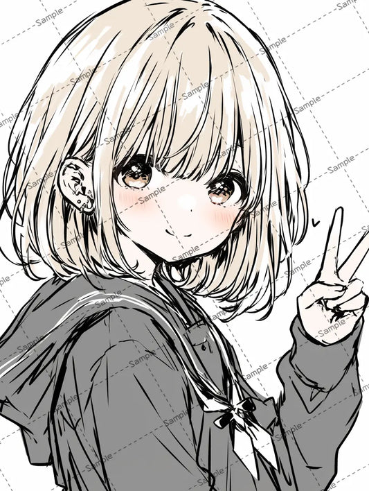 ピースサインするミディアムヘアの女子高校生のイラスト-アイコン AI イラスト