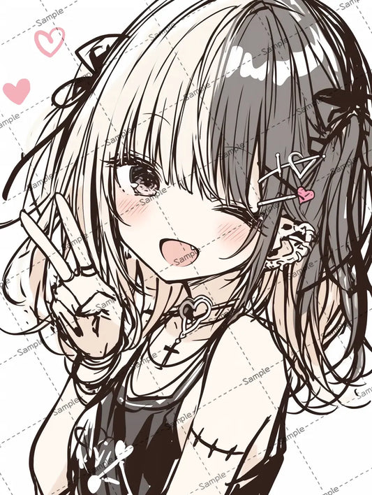 片目を閉じてピースサインする女の子のイラスト-アイコン AI イラスト