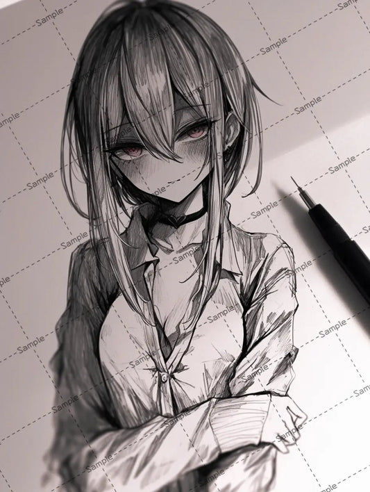 シャーペンで描かれた綺麗な女の子のイラスト-アイコン AI イラスト