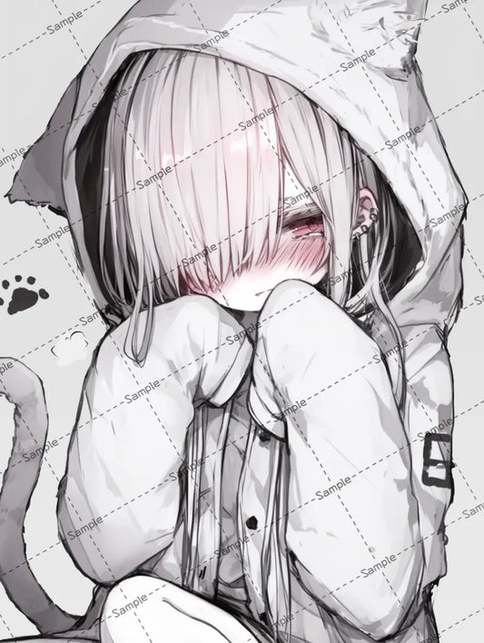 大きな猫耳パーカーを被った病み系女子のイラスト-アイコン AI イラスト