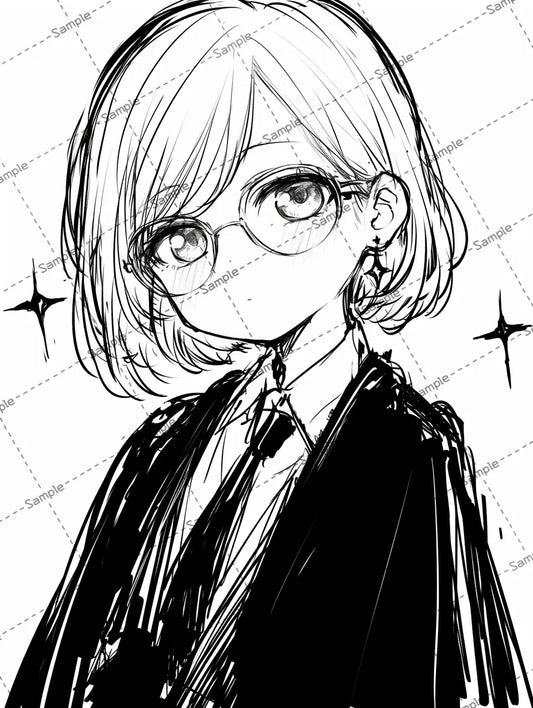スーツを着た丸眼鏡をかけている女の子のイラスト-アイコン AI イラスト