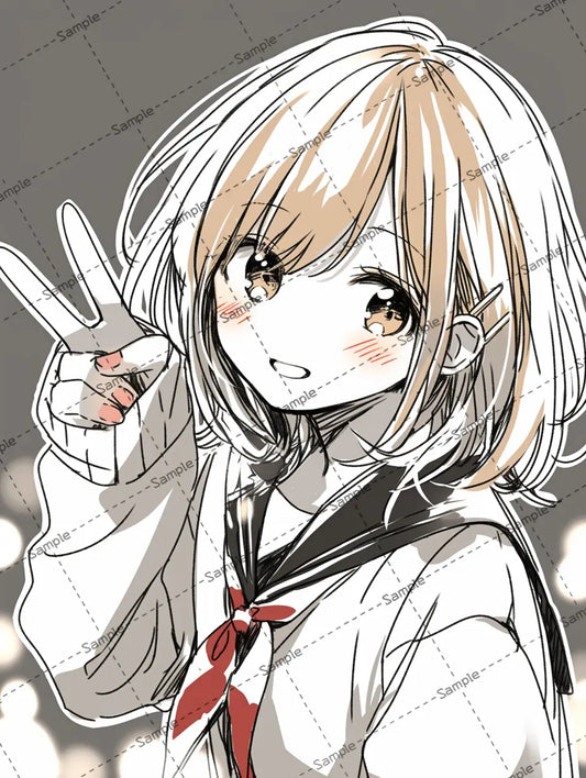ピースサインする女子高生のアイコン AI イラスト