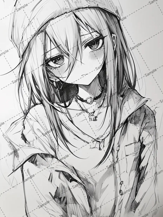 細い線で描かれたクールな女の子のイラスト-アイコン AI イラスト