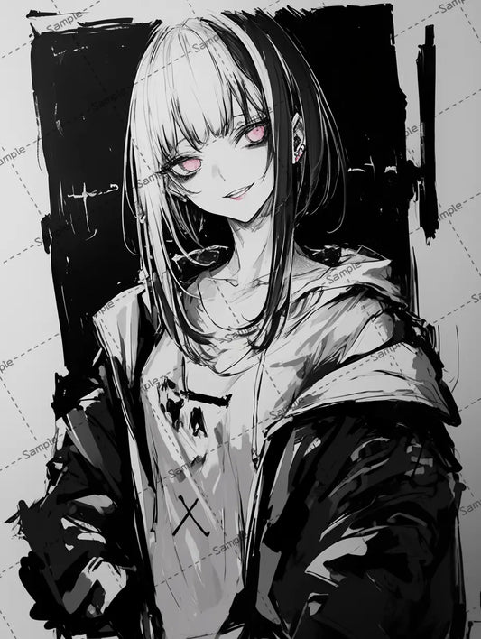 黒と白のツートンカラーヘアの女の子のイラスト-アイコン AI イラスト