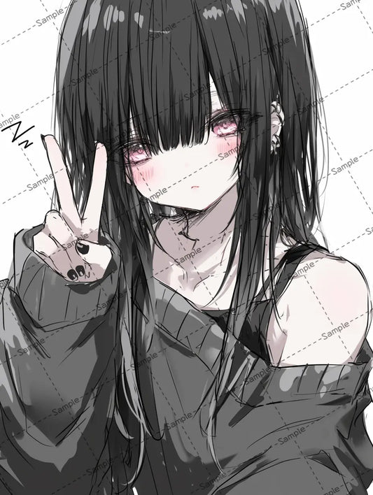 ピースサインする黒髪ロングヘアの女の子のイラスト-アイコン AI イラスト