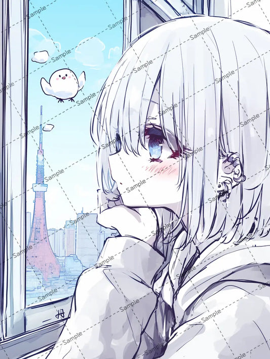 都会の風景を眺めている女の子のイラスト-アイコン AI イラスト