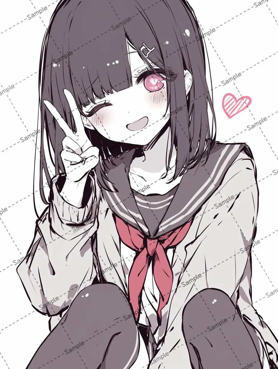 ピースサインする女子高校生のイラスト-アイコン AI イラスト
