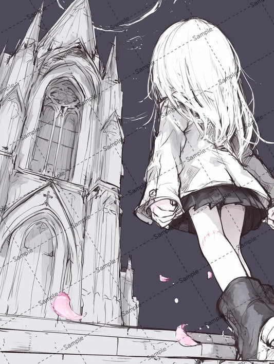 教会に向かって歩く女の子の後ろ姿のイラスト AI イラスト