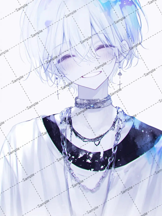 優しく微笑むホワイトカラーヘアの男の子のイラスト-アイコン AI イラスト