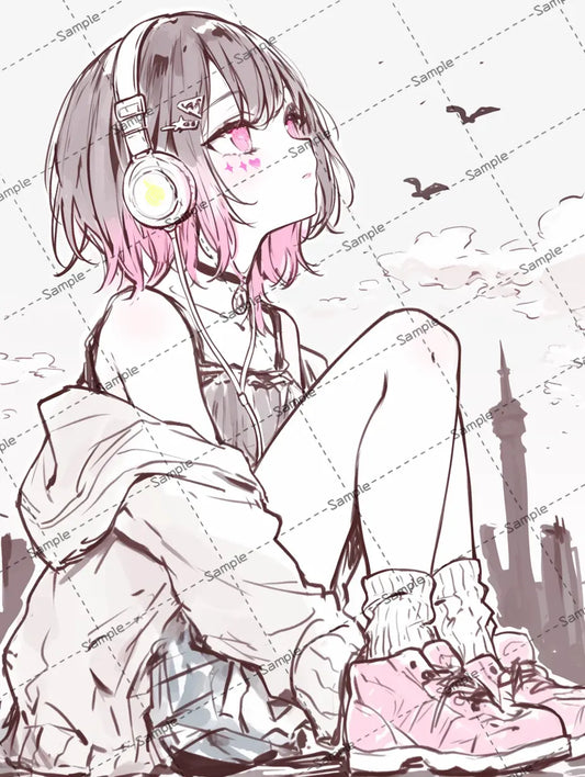 ヘッドフォンを付けて座っている女の子のイラスト AI イラスト