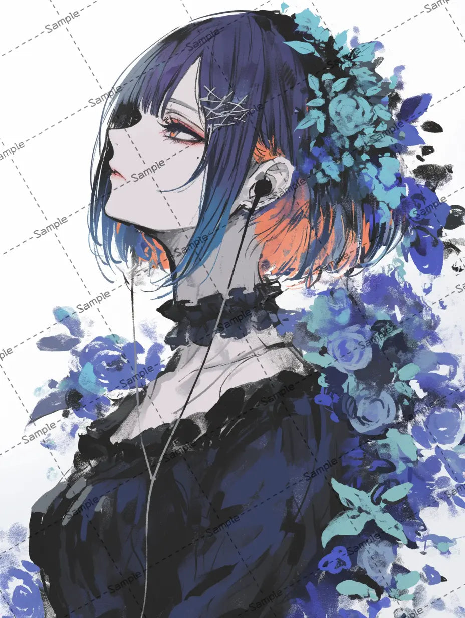 花に囲まれた女の子の横顔イラスト AI イラスト