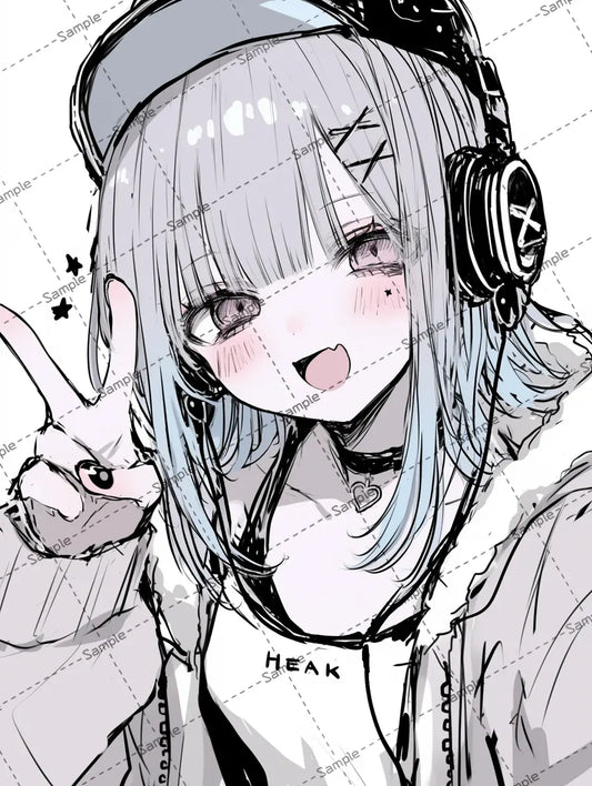 ピースサインする前髪ぱっつんヘアの女の子のイラスト AI イラスト