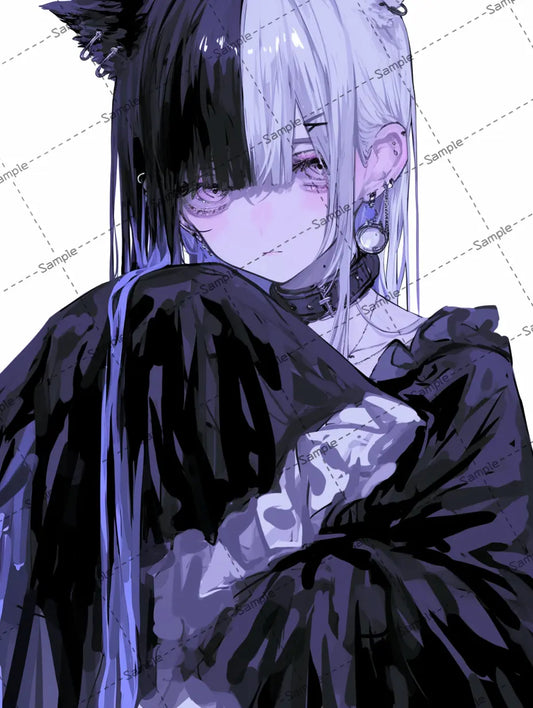 黒白ツートンヘアの可愛い女の子のイラスト AI イラスト