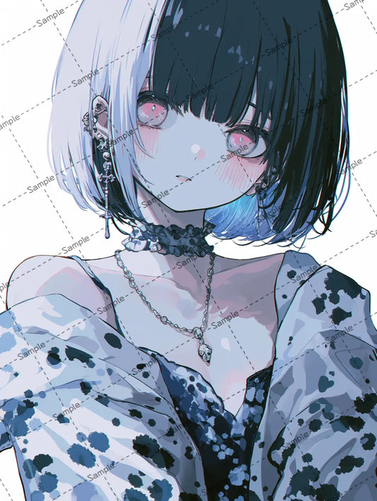 黒と白のミディアムヘア女の子のイラスト AI イラスト
