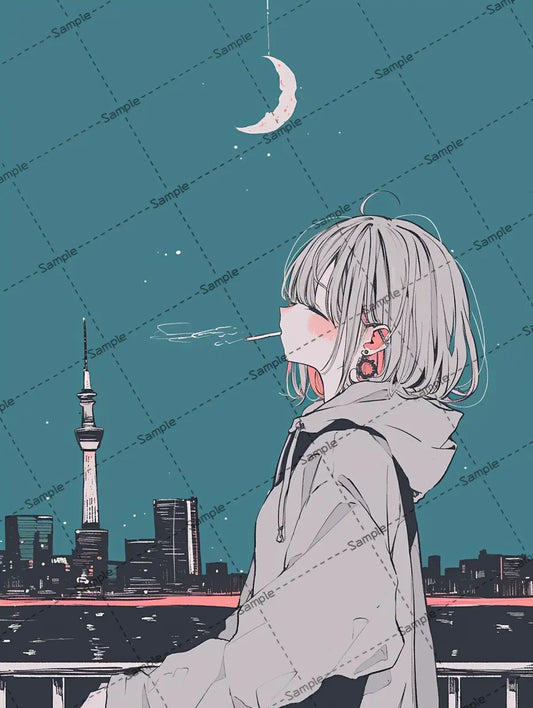 外でタバコを吸う可愛い女の子のアイコン AI イラスト