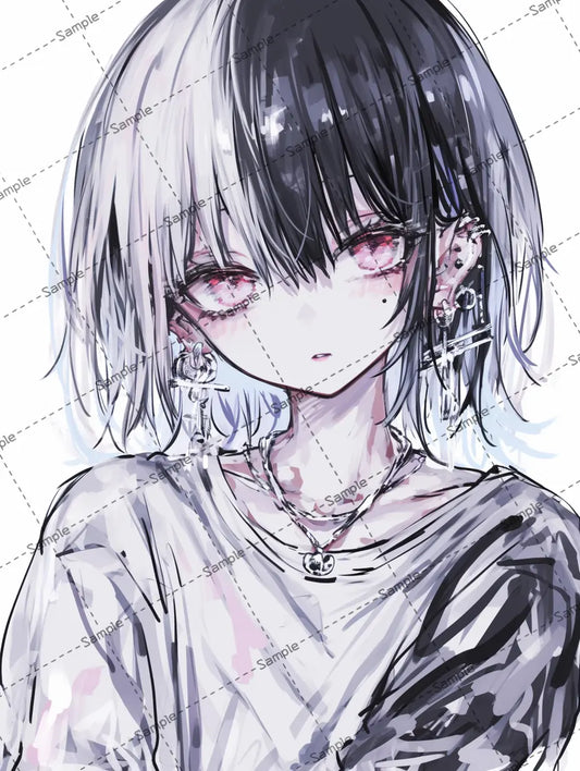 黒・白ツートンカラーヘアの女の子のアイコン AI イラスト