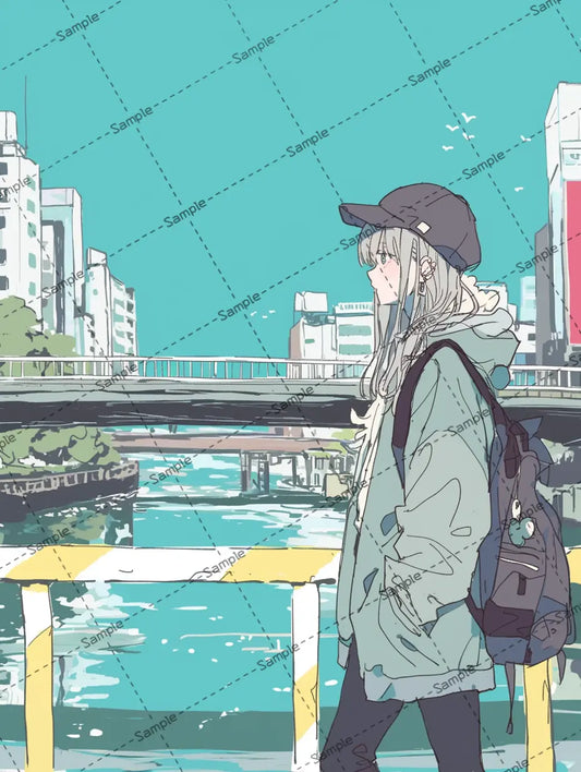 川辺を歩くオシャレな女の子のアイコン AI イラスト