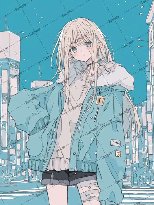 青い夜の街で佇むオシャレな女の子のアイコン AI イラスト