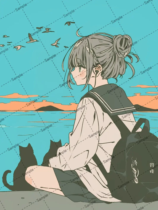 海を眺める可愛い女子高校生のイラスト AI イラスト