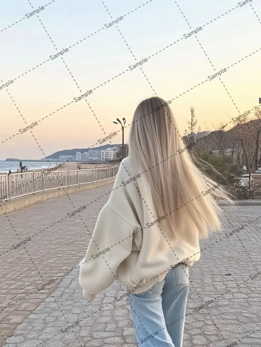 ブロンドロングヘアの女の子の後ろ姿の写真 AI イラスト