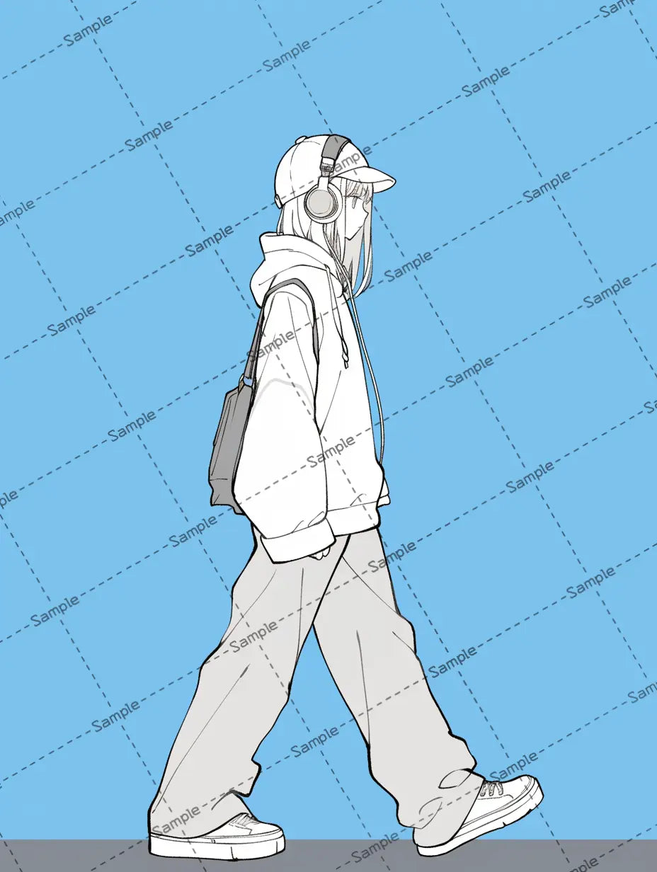 ヘッドフォンを付けて歩く女の子のアイコン AI イラスト