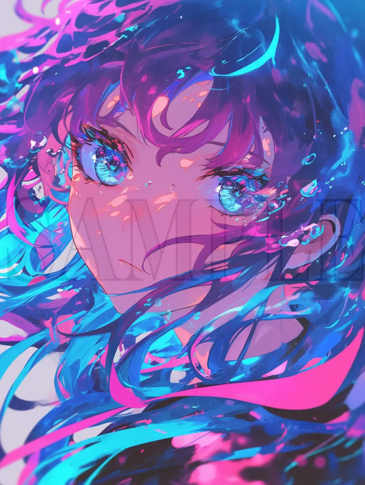 女の子のイラスト/ 水色・ピンク髪 -