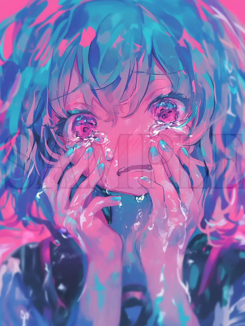 女の子のイラスト/ 明暗の強いコントラスト /水色・ピンク -