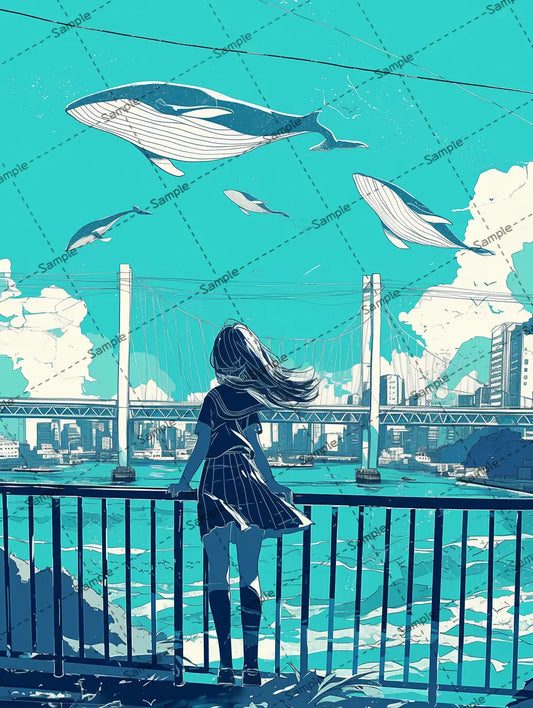 女の子のイラスト-アイコン/ 空を泳ぐクジラ -