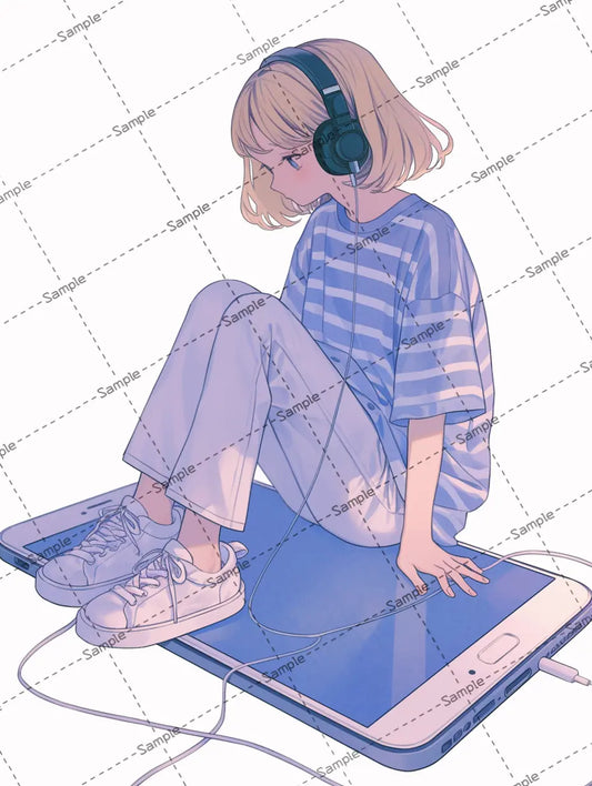 大きなスマホの上に座る女の子のアイコン AI イラスト