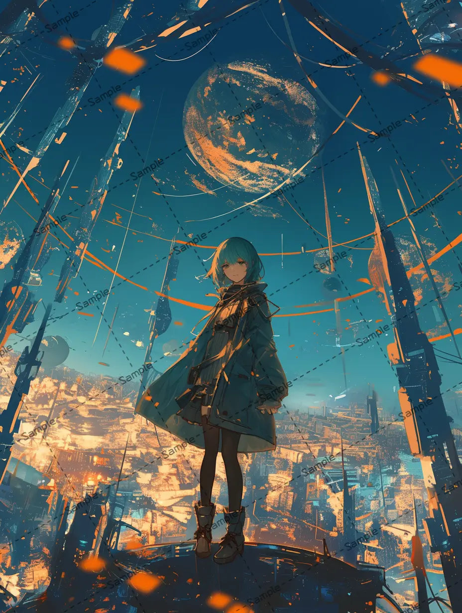 惑星都市にいる女の子のイラスト AI イラスト