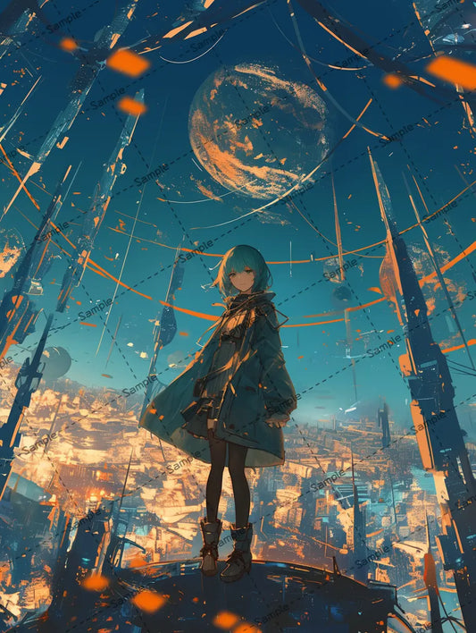 惑星都市にいる女の子のイラスト AI イラスト