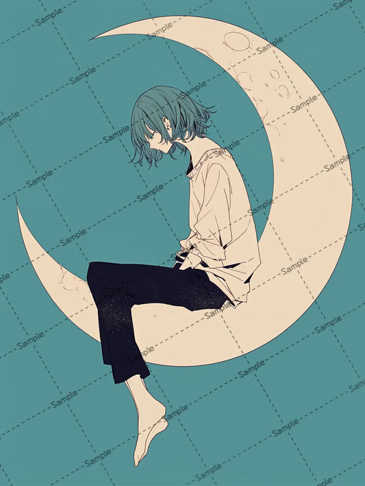 三日月の上に乗っている女の子のイラスト AI イラスト