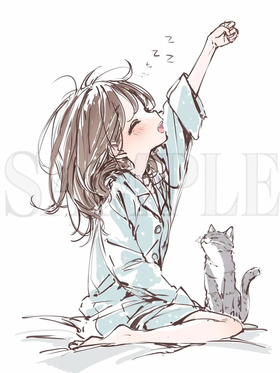 寝起きの女の子のイラスト-アイコン/ 猫・漫画スタイル AI イラスト