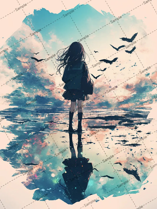 湖の上に立つJKのイラスト-アイコン /水鏡 AI イラスト