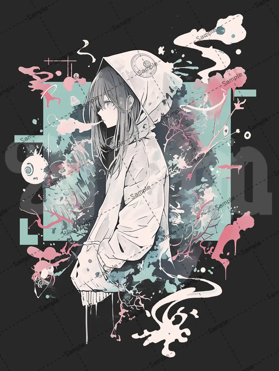パーカーを着た女の子の横顔イラスト-アイコン/ごちゃごちゃした背景 AI イラスト