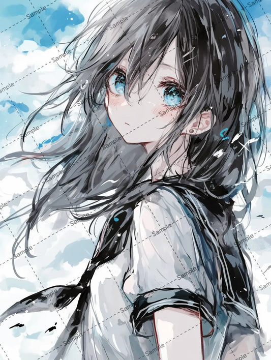風で髪がなびいているJKのイラスト-アイコン AI イラスト