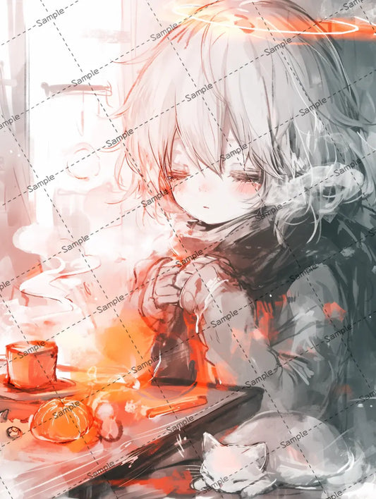 温まっている女の子と猫のイラスト-アイコン AI イラスト