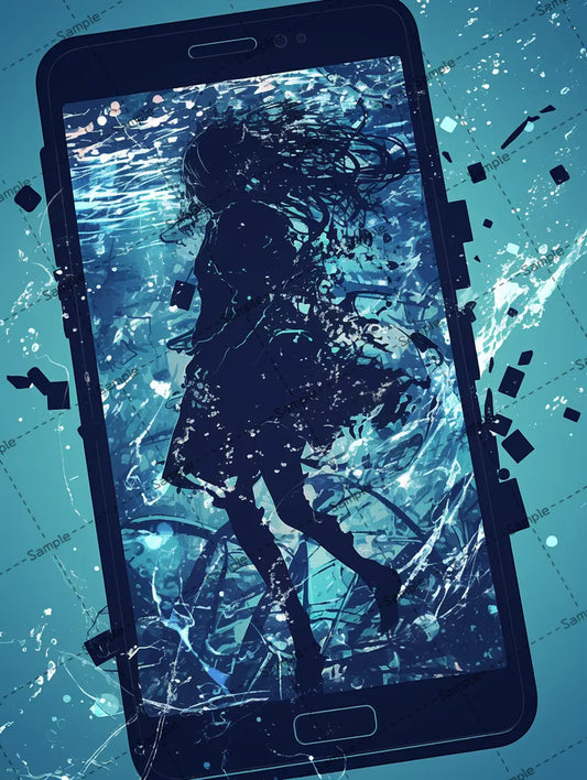 スマホの中に沈む女の子のイラスト-アイコン AI イラスト