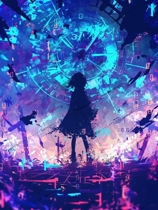 浮遊する時計と数字に囲まれた女のシルエットのイラスト-アイコン AI イラスト